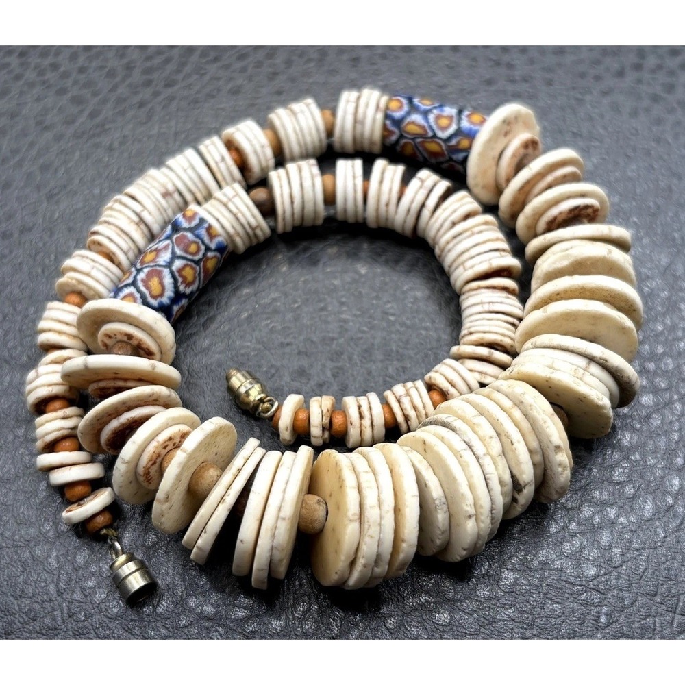 Vintage Shell Disc Venetian Millefiori Beaded Necklace Boho 15" Graduated Choker